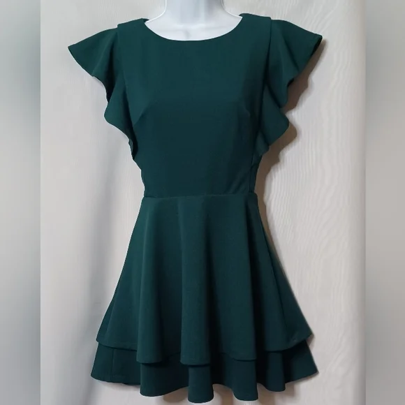 Crystal Doll Women's Green Flutter Sleeve Fit & Flare Mini Dress. S - Picture 5 of 13